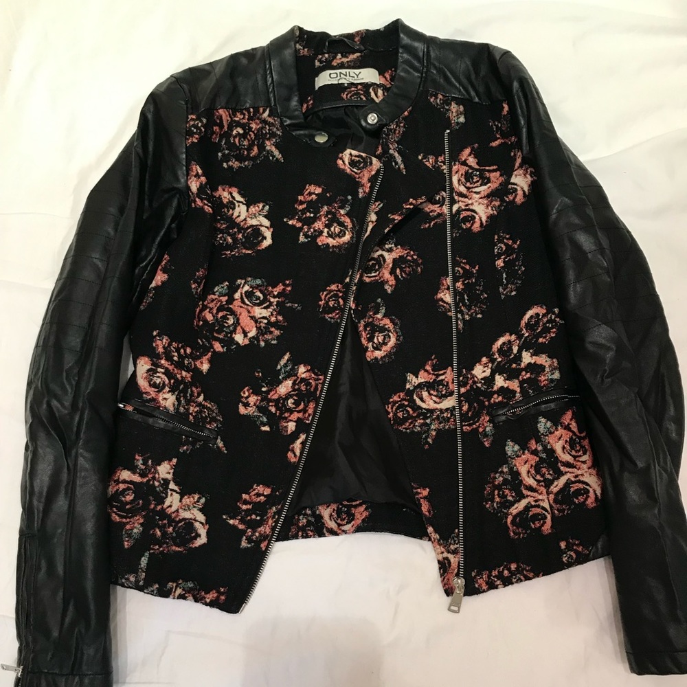 Leather Jacket with Floral Material
